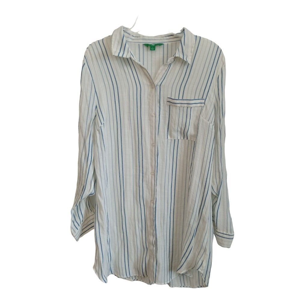 Dip Striped Long Sleeve Button Down Shirt - Blue & White - Women's Large